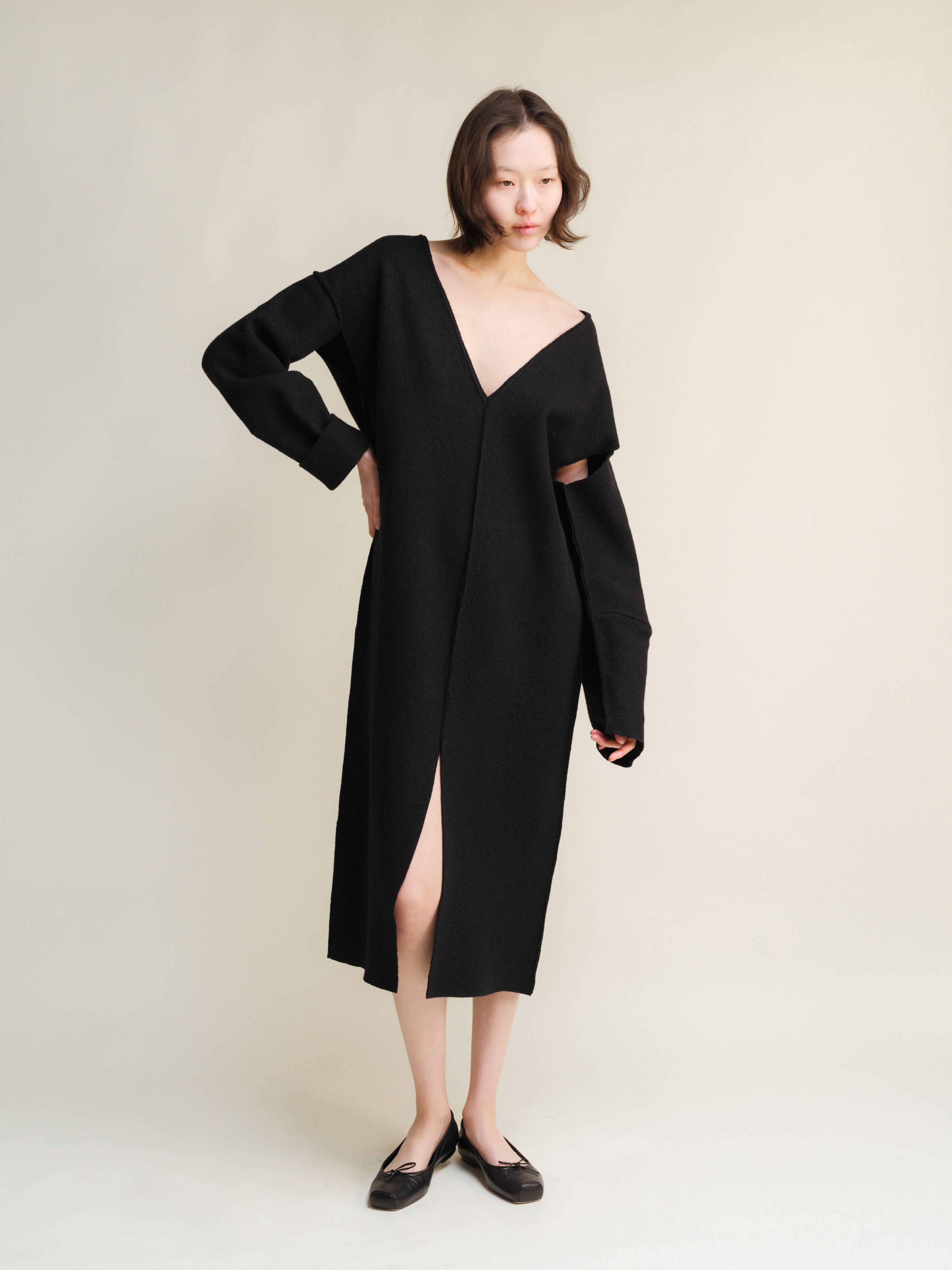 Boiled Wool V-Neck Dress