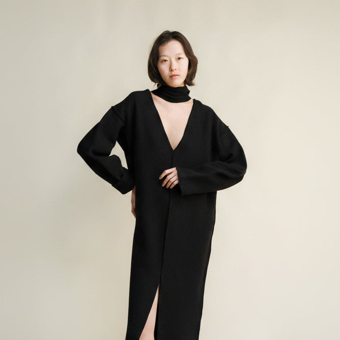 Boiled Wool V-Neck Dress