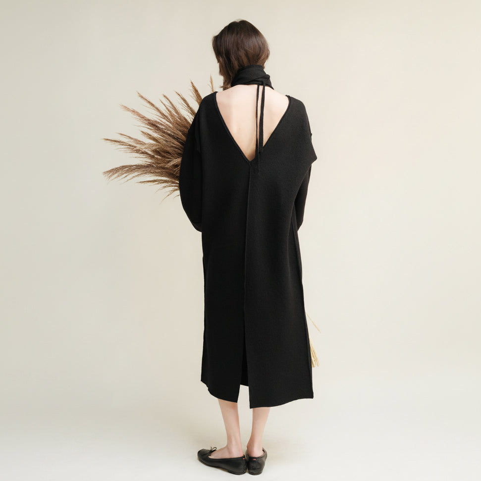 Boiled Wool V-Neck Dress