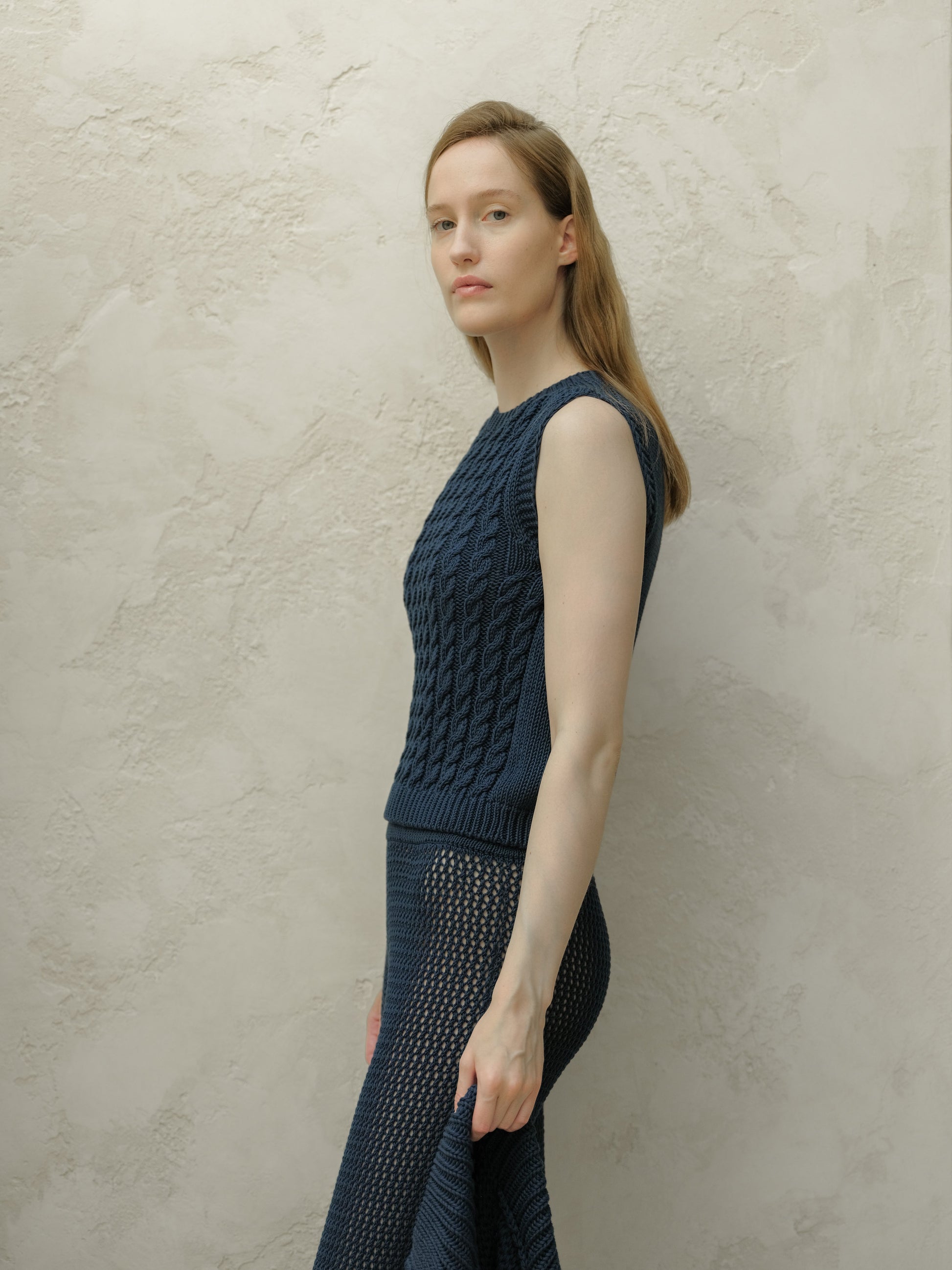 Fine Cotton Cable Tank Top (3D-Knit)-6