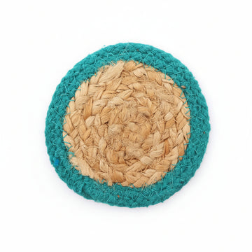 Natural Coaster - Jute & Cotton (set of 4) - Teal Border