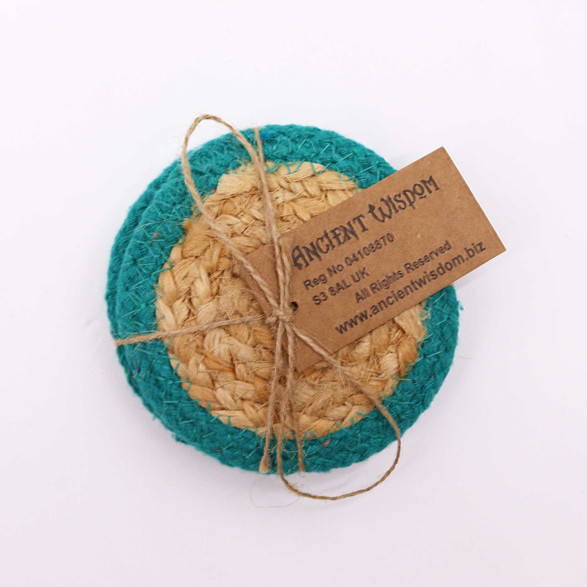 Natural Coaster - Jute & Cotton (set of 4) - Teal Border