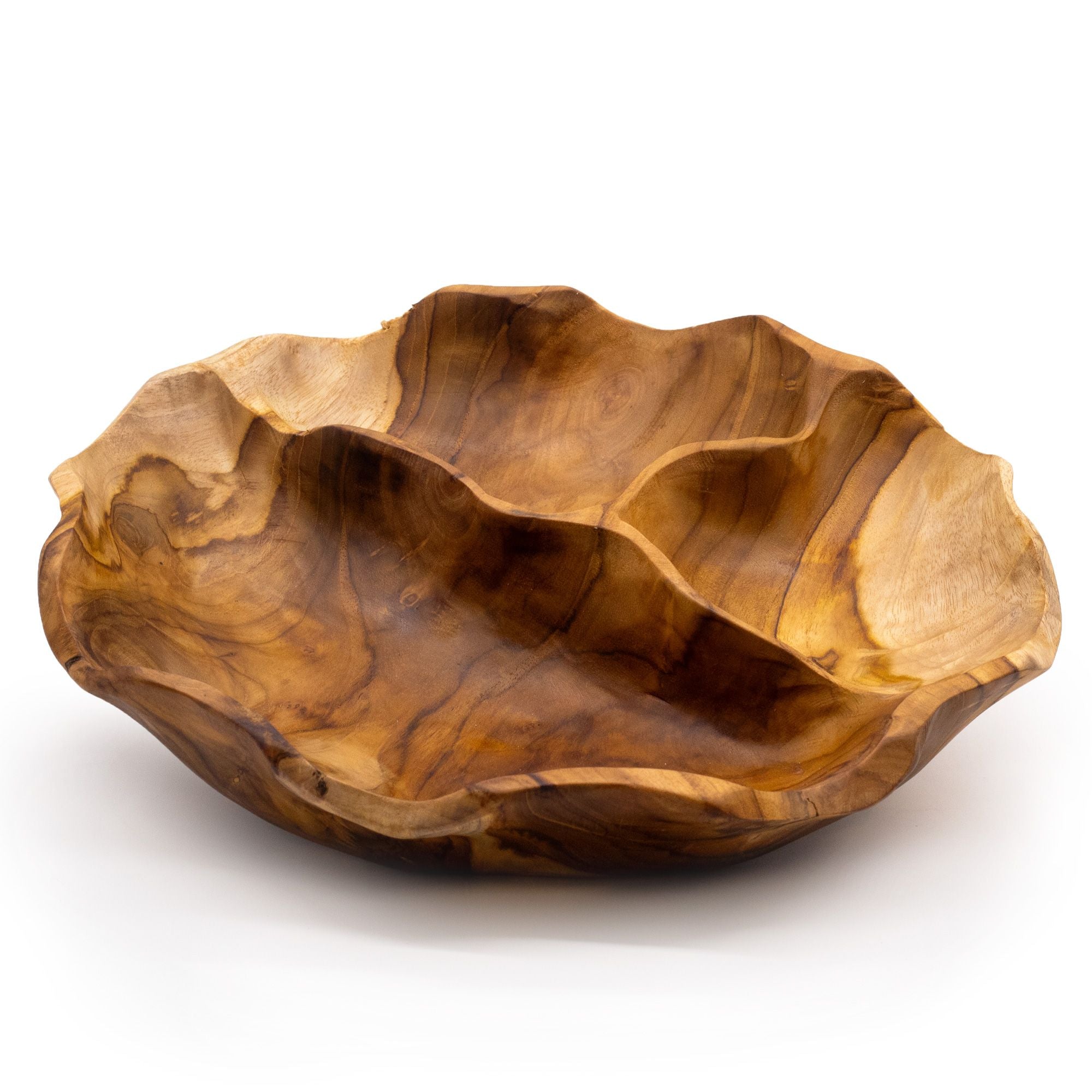 Smooth Round Teakwood Fruit Bowl Three Sections
