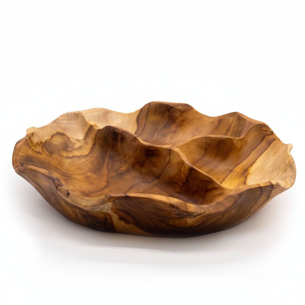 Smooth Round Teakwood Fruit Bowl Three Sections