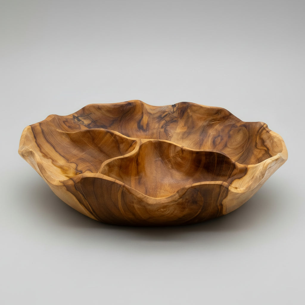 Smooth Round Teakwood Fruit Bowl Three Sections
