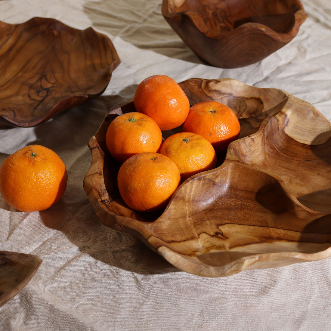 Smooth Round Teakwood Fruit Bowl Three Sections