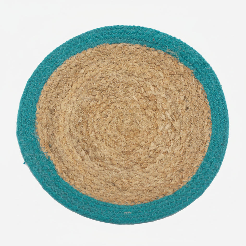 Natural Place Mat - Jute & Cotton - Teal Border
